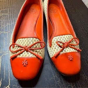 TORY BURCH Catherine orange patent with raffia smoking slippers flats shoes 5